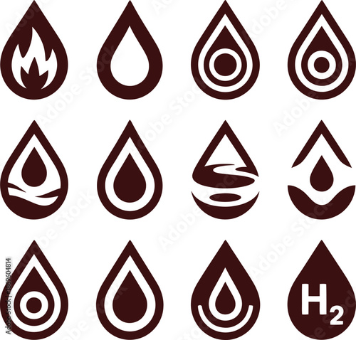 Vector grid of twelve water droplet icons with internal symbols representing fluid types, energy, and environmental concepts.