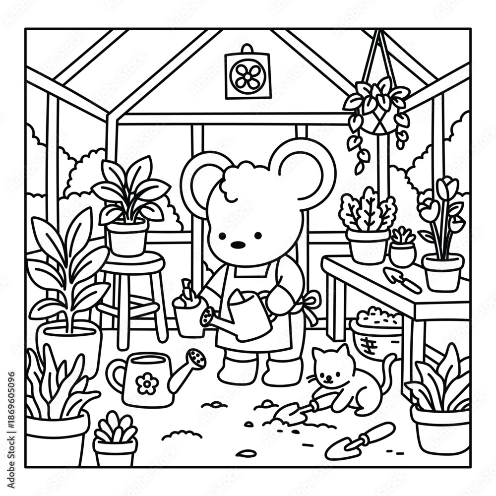 Obraz premium Cute Bear Watering Plants in Greenhouse with Kitten Coloring Page Illustration
