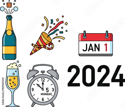 New Year's Eve celebration with champagne and noisemaker