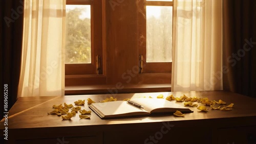 Warm Sunlight Illuminates An Open Notebook And Scattered Yellow Petals On A Wooden Surface Beside A Window With Sheer Curtains And Lush Greenery Outdoors