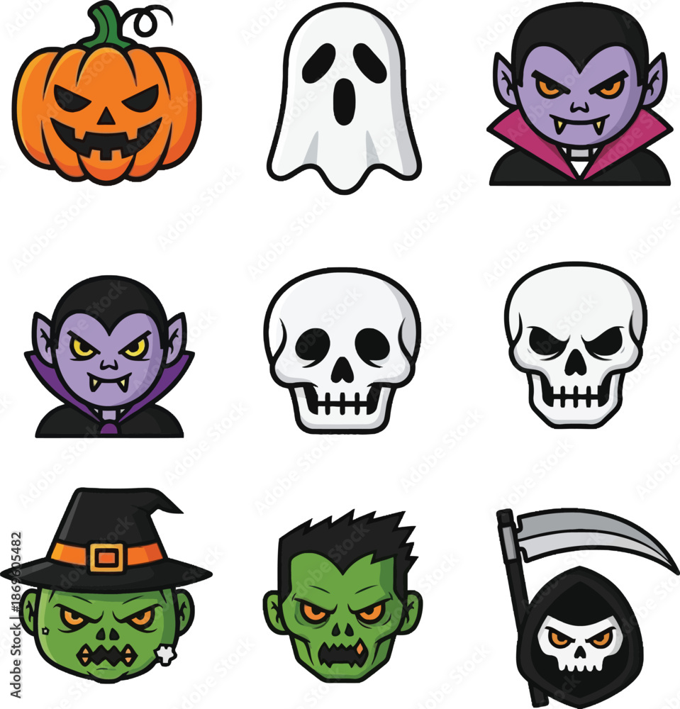 Fototapeta premium Halloween characters and symbols icons set.