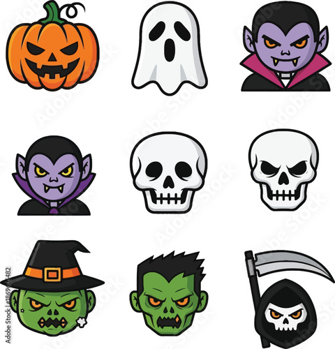 Halloween characters and symbols icons set.