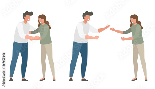 People hugging isolated icon vector modern simple minimal graphic illustration set, man woman embrace happiness greeting or meeting each other, couple friendship in love, relationship concept image

