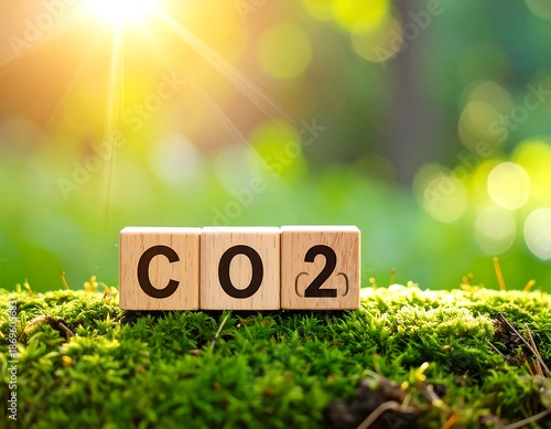 Wooden blocks spelling CO2 on moss-covered ground, sunny background
