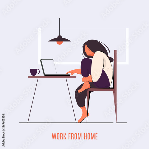 Flat illustration of a woman working from home with laptop at a desk, ideal for remote job concepts, productivity content, freelance services, digital lifestyle marketing, and modern workspace visuals