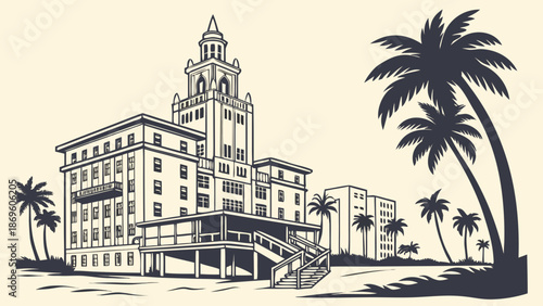 Miami skyline tower building with palm trees on a beach captures vibrant cityscape charm. Ideal for travel brochures, websites, and social media posts.