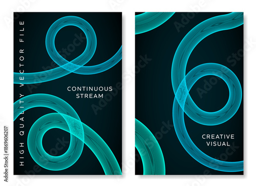 Cyan spiral line art on dark background for creative portfolio cover, annual report or tech brochure design for software company and engineering firm