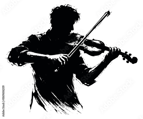 Artistic brush stroke silhouette illustration of a violinist depicting playing music for musical themes and artistic expression