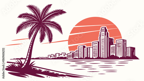 Miami skyline, palm tree, rising sun, and city illustration blend stunningly. Great for travel websites, miamithemed blogs, or vacation brochures.