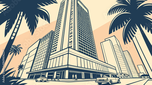 Miami skyline showcases cityscape with buildings, palm trees, cars, and people. Suitable for travel brochures, website banners, and tourism ads.