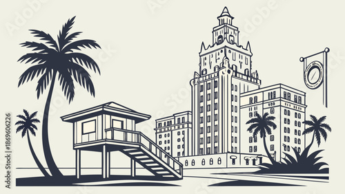 Miami skyline with iconic landmarks, such as the freedom tower, palm trees, and lifeguard station, perfect for travel websites and magazines.
