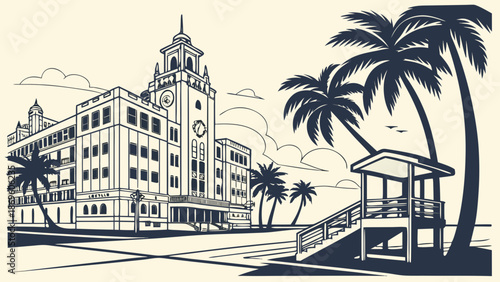 Miami skyline with los angeles lifeguard hq, palms, and beach stairs. Suitable for travel websites, vacation brochures, city guides, and coastal magazines.