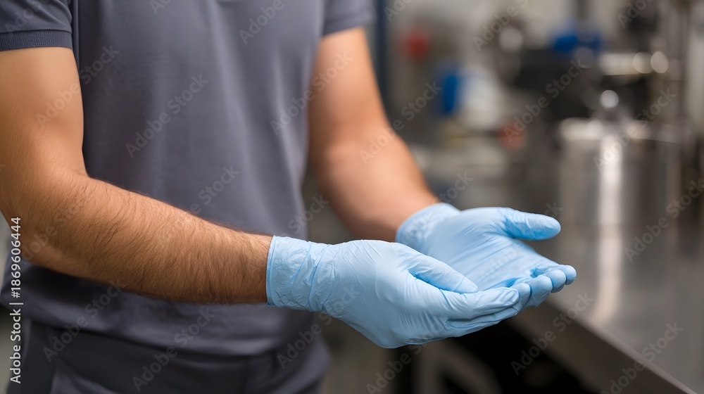 Obraz premium Hands in blue disposable gloves held open in a professional setting