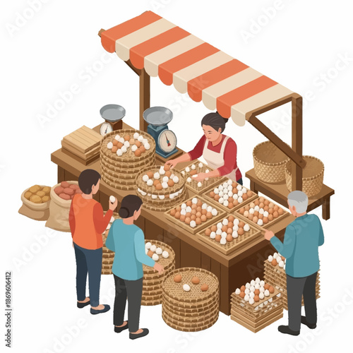 Isometric illustration of a bustling outdoor market stall selling eggs with a vendor and customers.