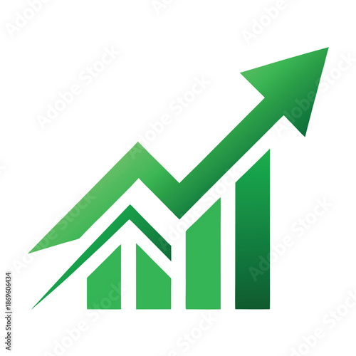 A bold and simple logo of a green upward trading 