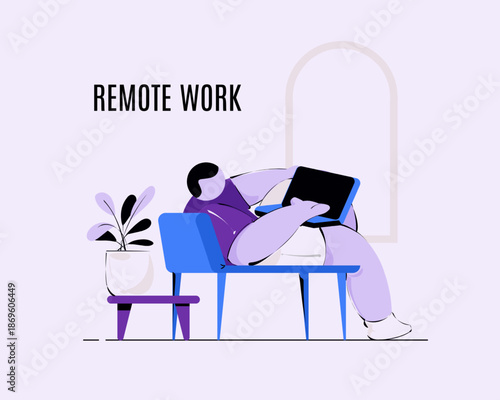 Modern flat illustration of a relaxed person working remotely on a laptop from home, ideal for remote job concepts, flexible lifestyle promotions, productivity content, and digital work visuals.