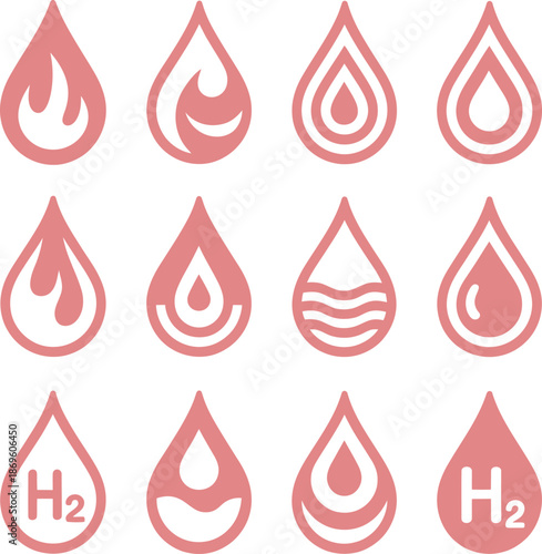 Pink-red vector grid of twelve stylized water droplet icons featuring symbols of hydrogen, waves, flames, and concentric designs.
