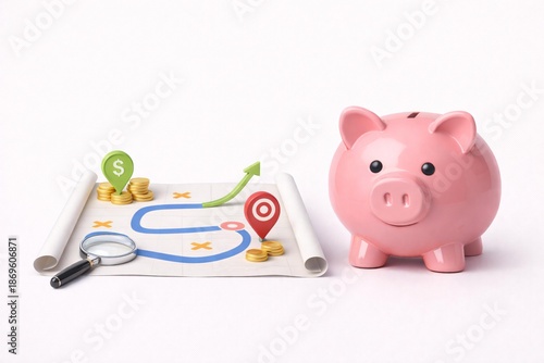 Strategic Financial Planning and Savings Growth with Piggy Bank and Roadmap Illustration