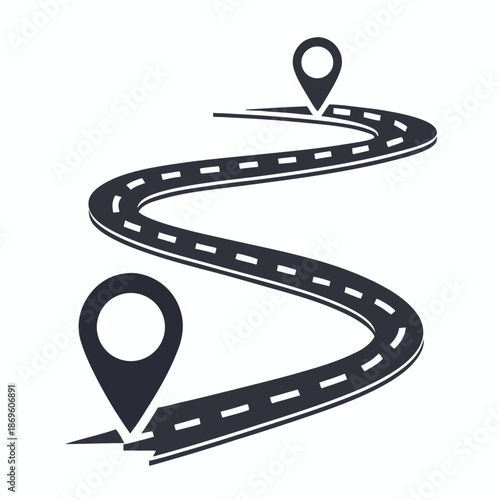 Modern Winding Road Illustration with Dashed Lines, Transportation Path and Highway Perspective