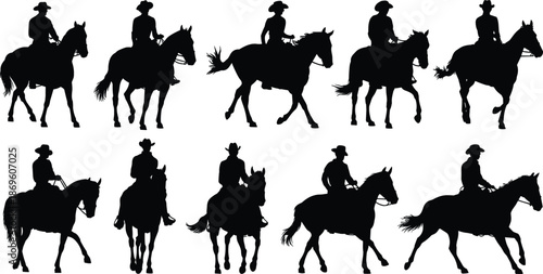 Horseback riding silhouettes, cowboy icons, western style, black vector, flat illustration, equestrian poses, reins, saddle, rural motion, ranch life