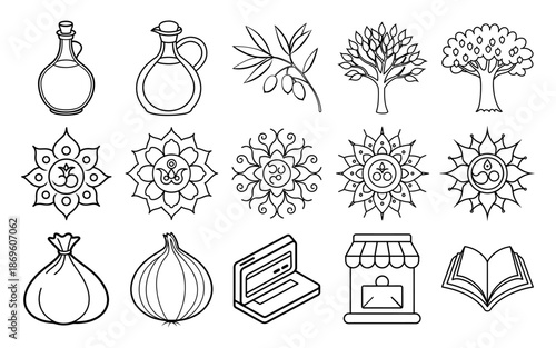 Outdoor Camping and Adventure Hiking Icon Set for Coloring Book Sheets with Nature and Travel Gear in Line Art