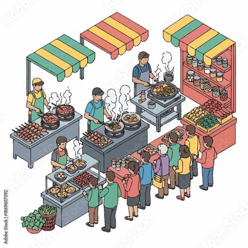 Isometric illustration of a bustling street food market with vendors and customers.