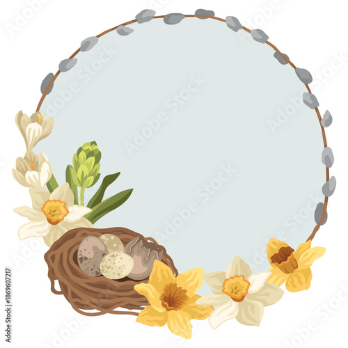 Hand-drawn spring Easter card with floral wreath made of pussy willow, daffodil flowers, crocus and birds nest with eggs 