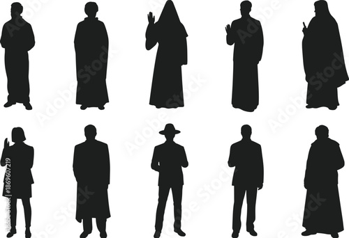 Religious figure silhouettes, clergy icons, formal attire, black vector, flat illustration, diverse faiths, gesture, robe, headwear, tradition