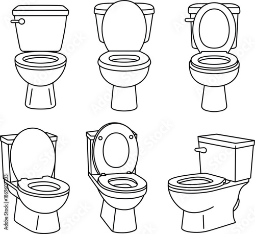 Set of toilet bowl vector icons, bathroom ceramic equipment illustrations, sanitary ware line art for interior design