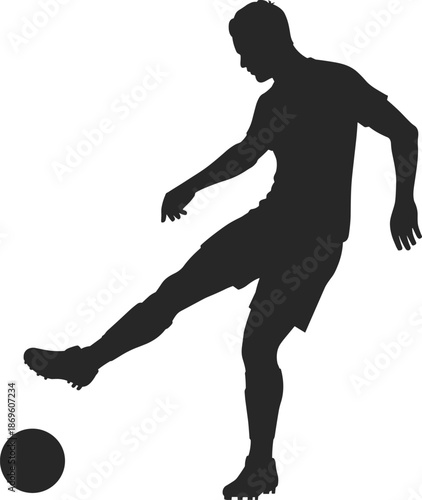 Soccer player silhouette, kicking ball, sports action, athletic pose, black figure, vector icon, flat illustration, dynamic motion, football, energy