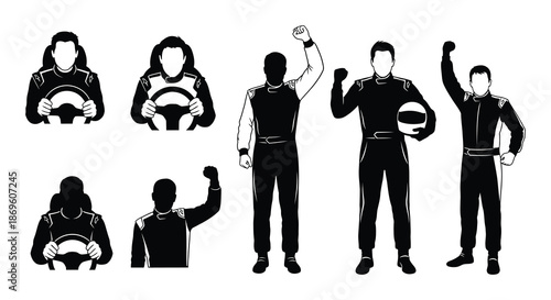 Silhouette depictions of race car drivers and a formula one vehicle