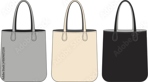 Tote bags color comparison, gray, beige, black, fashion accessory, stitching detail, vector art, flat illustration, product design
