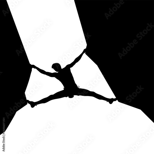 Silhouette of a Man Rock Climbing with Arms Extended.