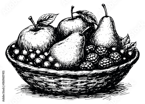 Hand drawn line art illustration of a fruit basket depicting fresh apples, pears, and berries for healthy eating and harvest concepts
