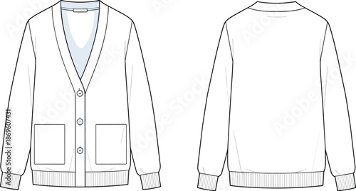 Men cardigan sweater technical fashion illustration showing front and back views buttoned knitwear apparel flat garment sketch isolated on white background