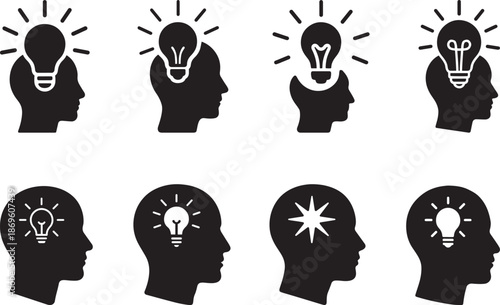Creative thinking human head icon set with light bulb idea, symbolizing creativity, innovative thinking, brainstorming, idea generation, intelligence, learning, and mental inspiration concept

