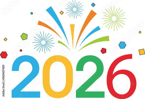 Vibrant 2026 celebration with colorful fireworks and geometric shapes