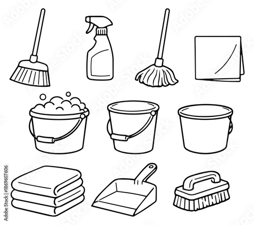 Hand drawn line art cleaning tools set featuring brooms, mops, buckets, spray bottle, dustpan, and scrub brush for housekeeping and sanitation