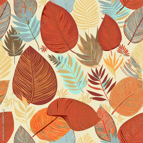 Illustration motif Feuillages plantes tropicales mélange nature Jungle Couleurs vives vert et orange, Vecteur