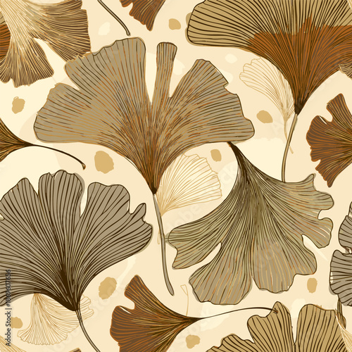 Dessin de Feuillage de Ginkgo Couleurs Beige et Doré Nuances - Illustration Motif Fond Nature Végétal Mouvement