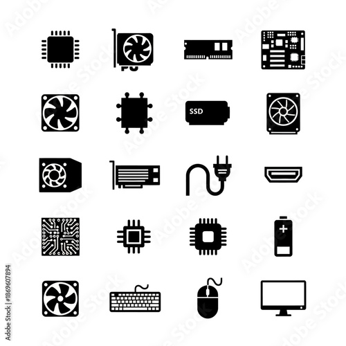 Set of black and white icons featuring vector symbols for business, computer, and media design including laptop, phone, and money silhouettes for web and internet applications