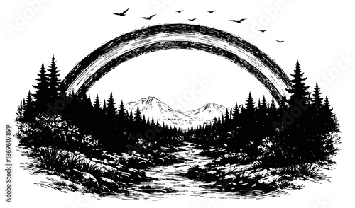 Line art illustration of a wilderness scene depicting a forest, mountains, and river under a stylized brush stroke rainbow for nature and adventure themes