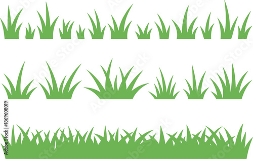 Set of green grass silhouette vector, meadow plants border, field lawn tufts for landscape design