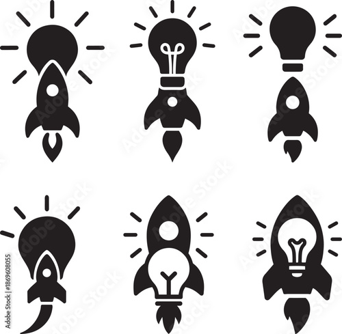 Startup rocket lightbulb creativity icons set for innovation business branding and idea launch, Entrepreneur launching a new startup company with a bright idea represented by a glowing lightbulb