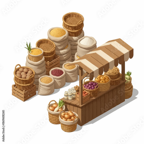 Isometric illustration of a vibrant market stall with various fresh produce and sacks of goods.