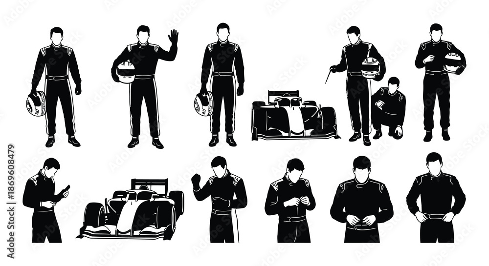 Fototapeta premium Silhouette depictions of race car drivers and a formula one vehicle
