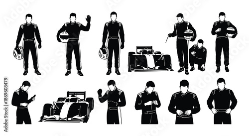 Silhouette depictions of race car drivers and a formula one vehicle
