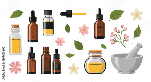 Diverse collection of essential oil bottles and botanical elements including dropper bottles flowers and a mortar and pestle is presented for aromatherapy and natural remedies.