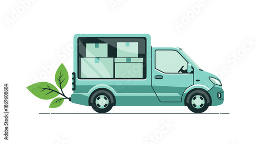 Eco friendly delivery van with green leaves for sustainable transport