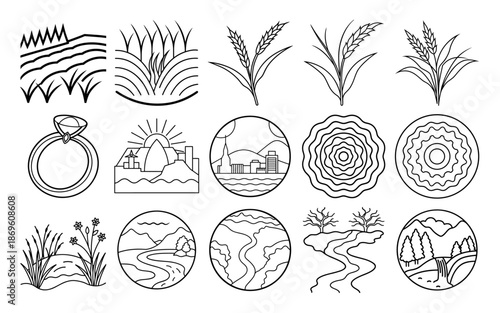 Decorative Floral Line Art Icon Set for Coloring Page Featuring Botanical Elements Leaves and Flowers in Simple Black and White Outline Style Vector Illustration